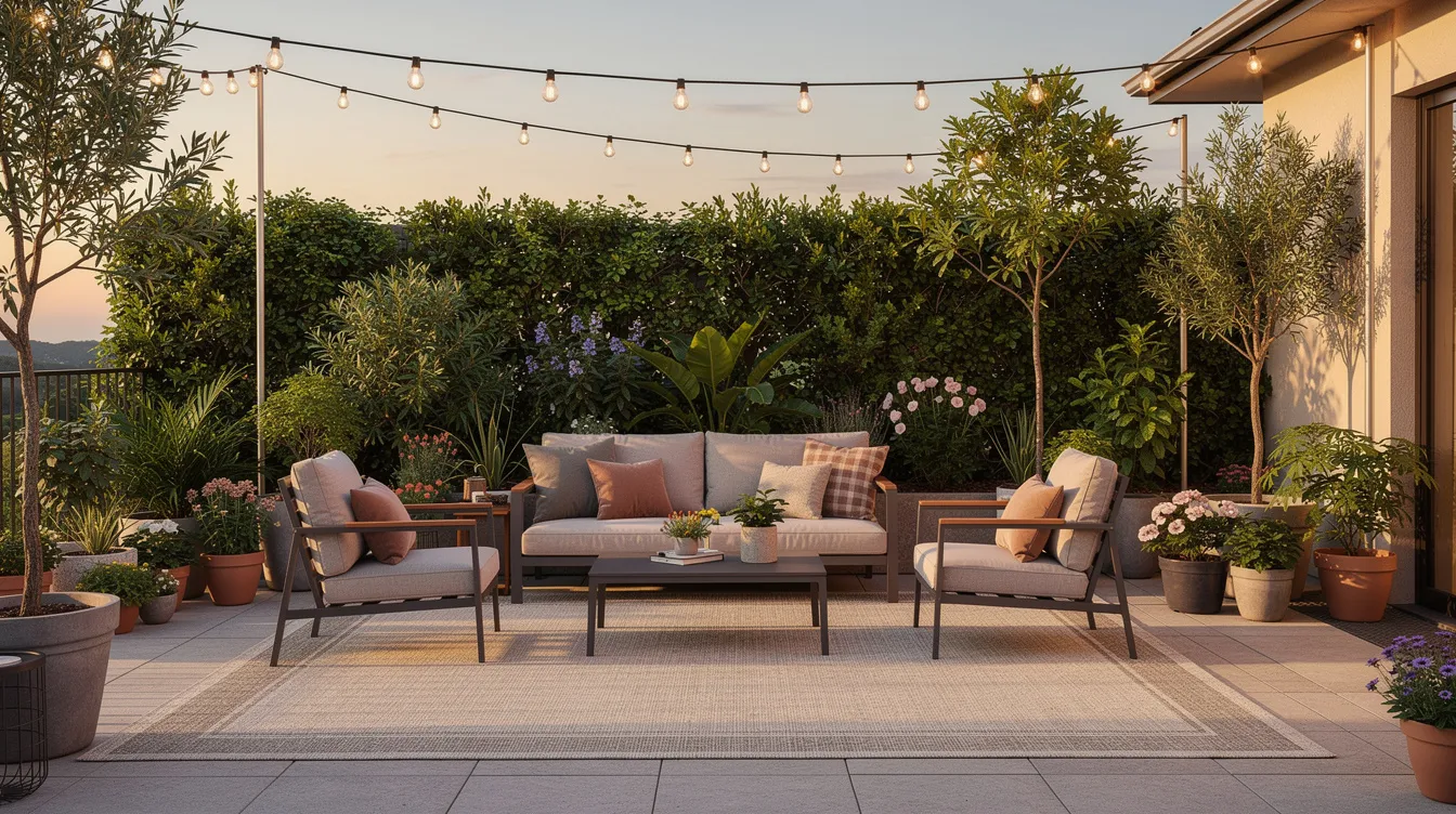 The image depicts an inviting outdoor patio featuring comfortable seating arranged on a weather-resistant flatweave outdoor rug, surrounded by lush potted plants and illuminated by string lights, creating a cozy atmosphere perfect for relaxation. The rug adds texture underfoot and enhances the overall aesthetic of the space, making it an ideal choice for outdoor gatherings.