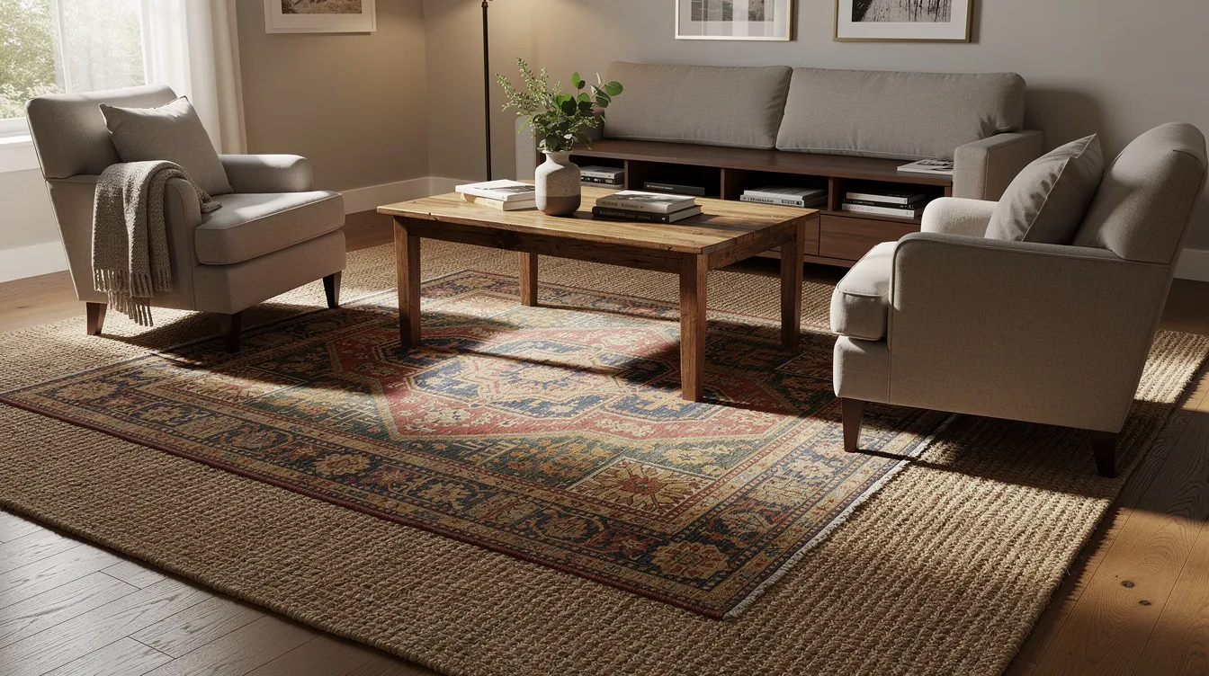 The image depicts a cozy living room featuring a jute base rug layered with a smaller colorful vintage Persian rug beneath a wooden coffee table, surrounded by upholstered armchairs. This arrangement creates an inviting atmosphere, showcasing the blend of natural fibers and rich colors that add warmth and texture to the living space.