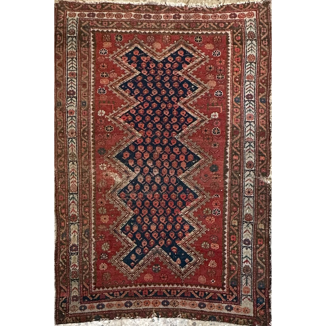 High-Contrast Hamadan - Antique Persian Hamadan Area Rug – 4'1" x 6'0" ft.