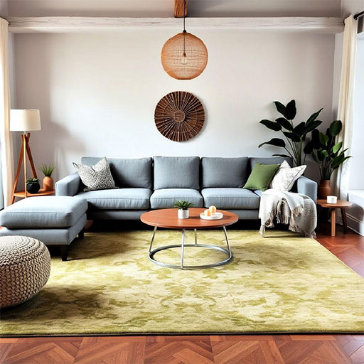 Sage green rug + dark gray couch