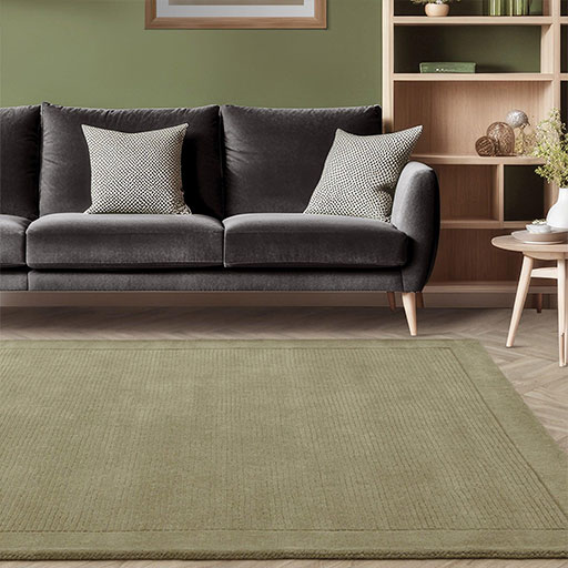 Sage green rug + dark gray couch