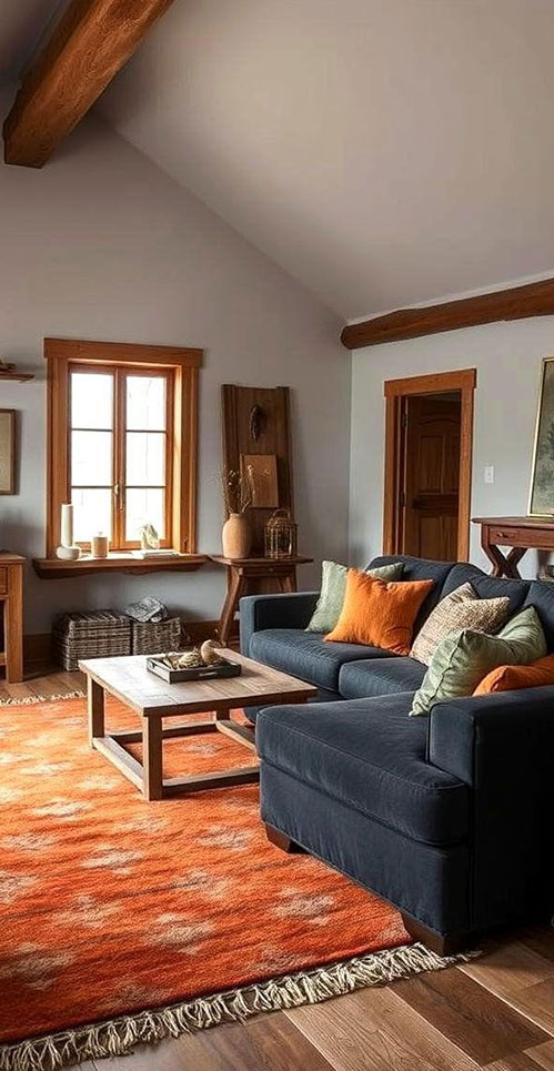 terracotta rug with dark gray sofa