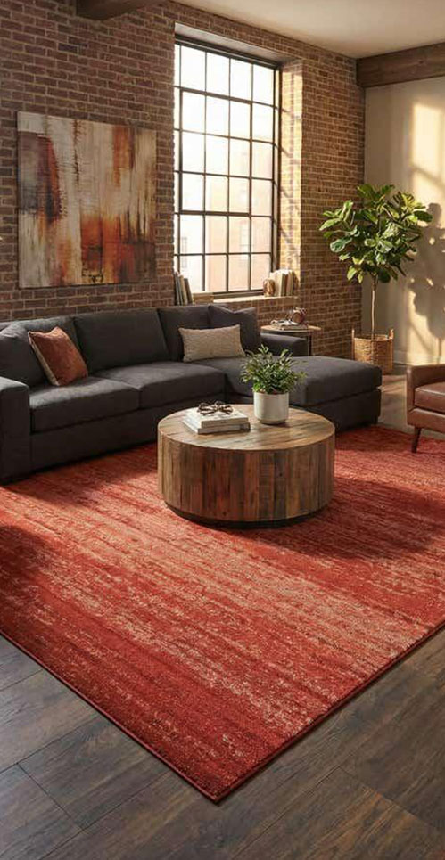 terracotta rug with dark gray sofa