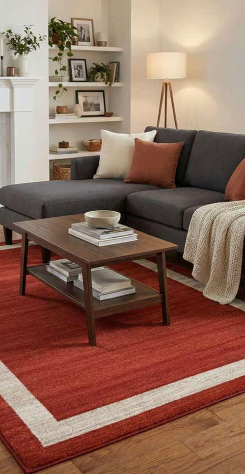 terracotta rug with dark gray sofa