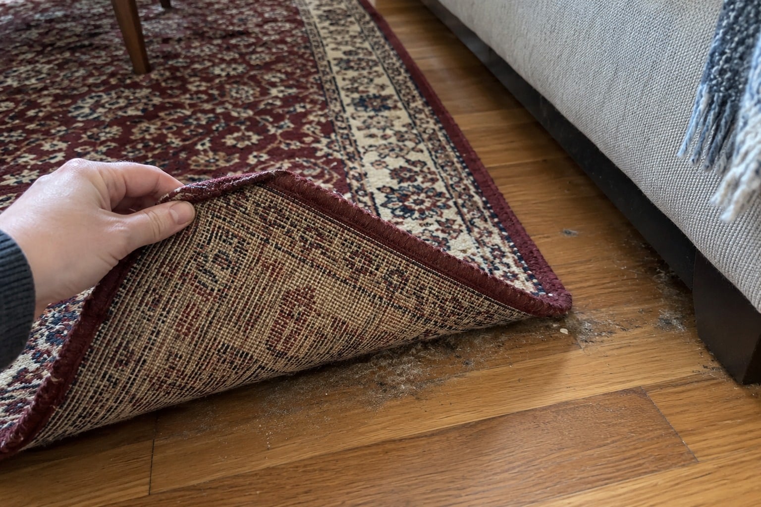 Illustrative scene of hands lifting a wool rug edge for inspection