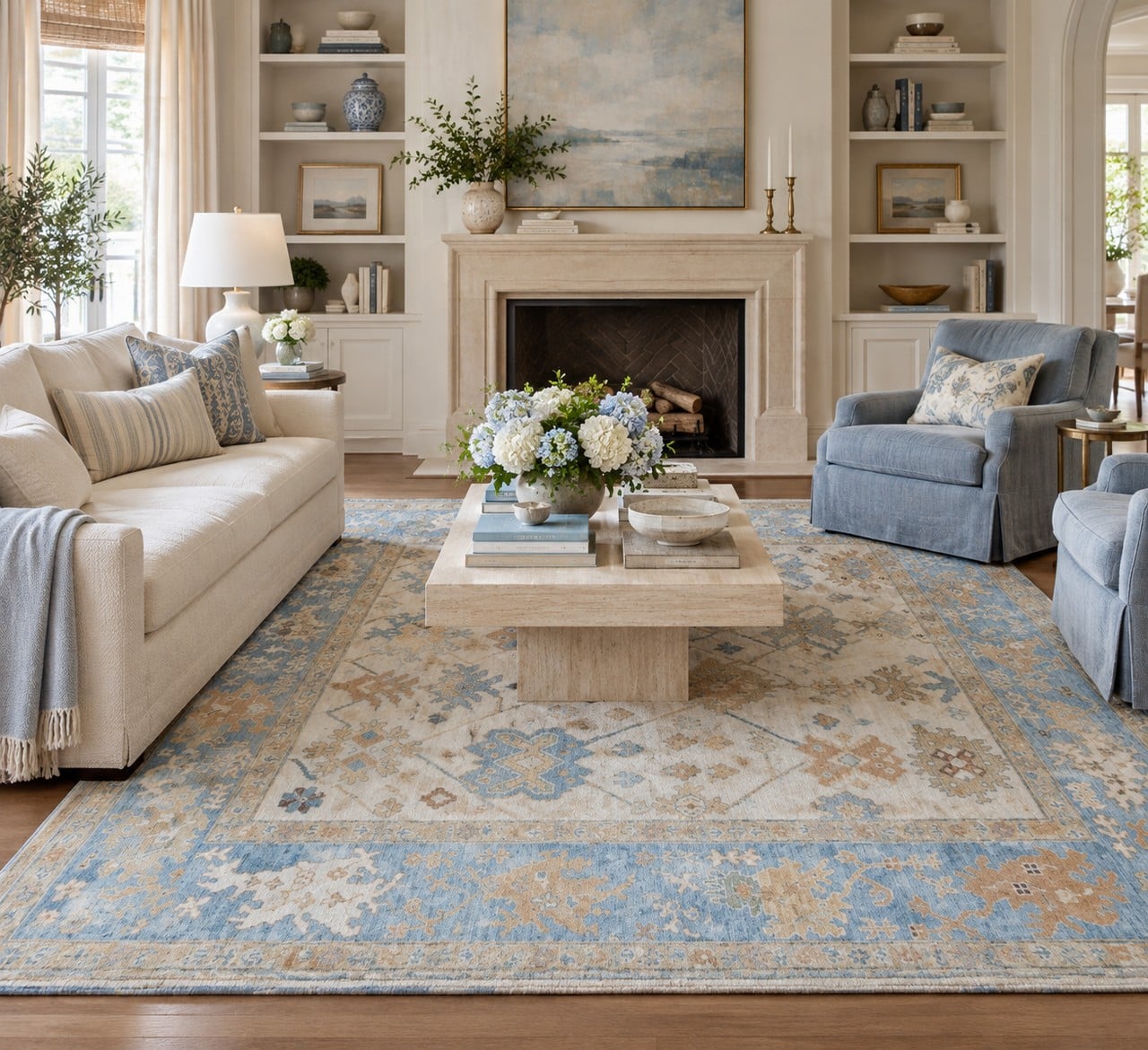 Blue Oushak rug in a living room styling illustration